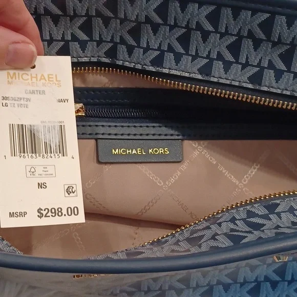NWT Michael Kors Carter Large Top Zip Tote Bag Purse in Navy MK Logo Print - Picture 13 of 14